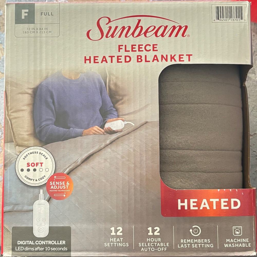 Sunbeam Fleece Heated Blanket Full Size Grey 12 Heat Settings Auto-Off 72x84 NEW